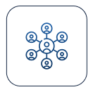 Icon of a person surrounded by a network of 6 more people in a hexagonal shape.