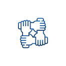 Icon of four hands grabbing each others' wrists in a square shape.